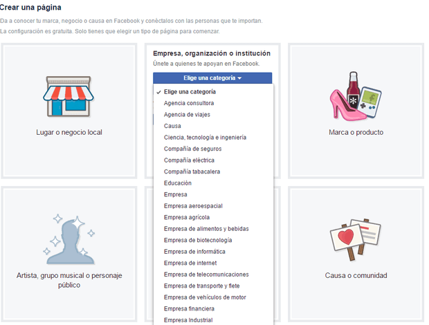 Cómo elegir categoría para crear tu fan page